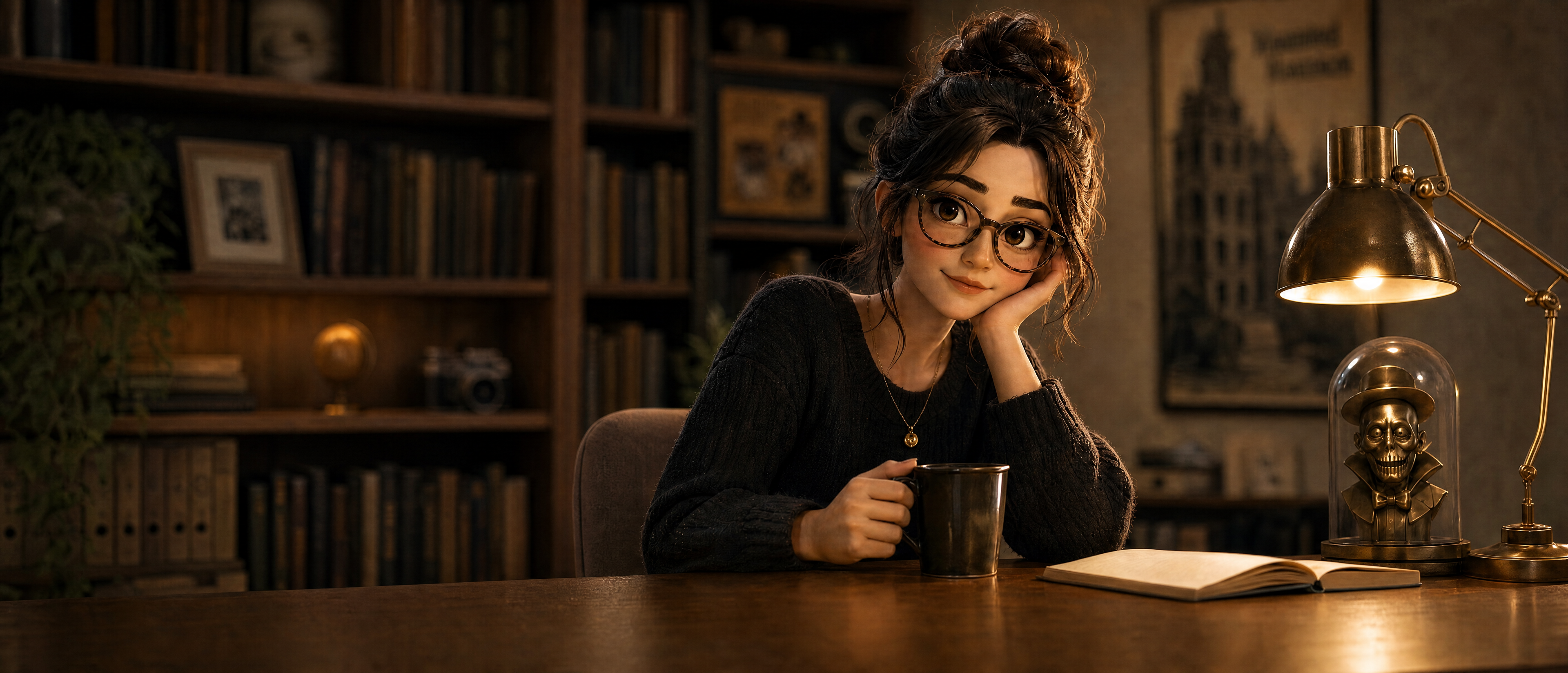 Fiona at her desk in a cozy library